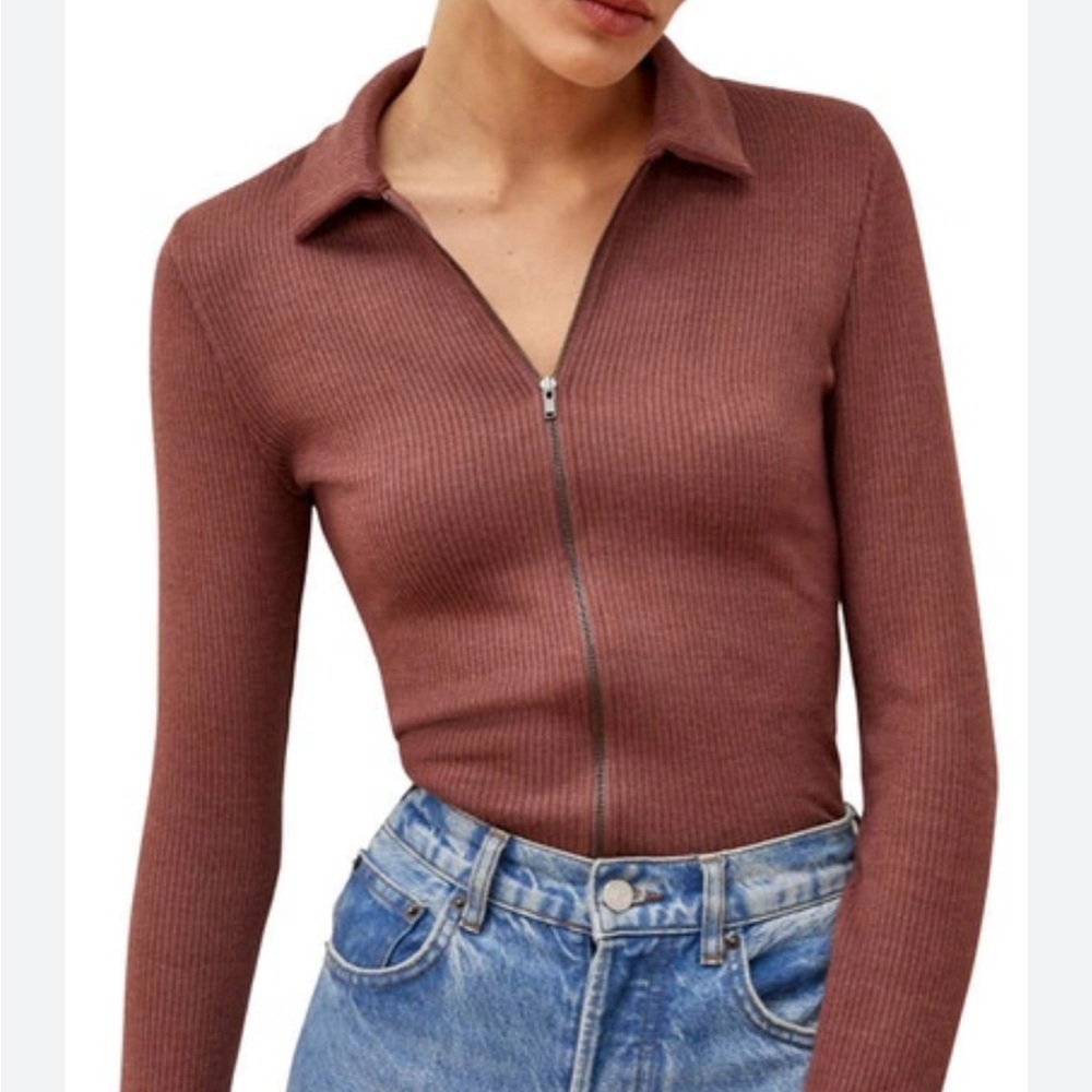 Reformation women’s dark brown rib zip up knit crop up sweater cardigan L - Picture 1 of 9